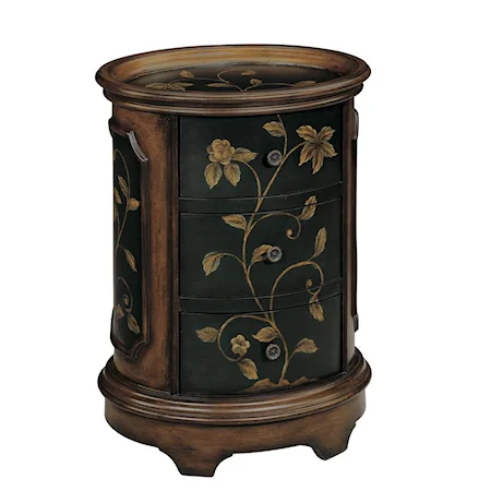 Brown and Black Oval End Table with Floral Motif